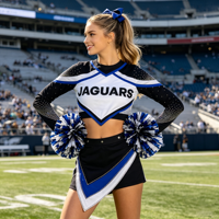 Uniforme de cheerleading avant-gardiste bleu et noir, orné de strass, avec haut court à manches longues et jupe asymétrique pour équipe de cheerleading