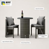 Ensemble bistrot moderne en osier gris, 3 pièces, durable et confortable, meubles de cour extérieure, 2 chaises et table ronde en verre