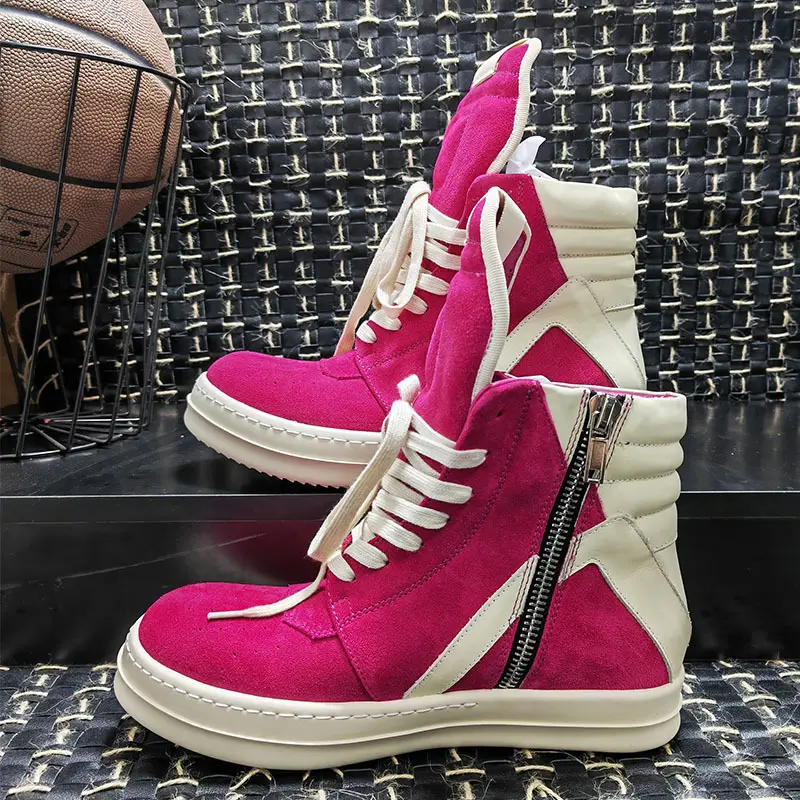 2024 Horse Hair High Top Women Shoes Sneakers Lace Up Men Thick Soled Leather Geobasket Zipper Motorcycle Boots Winter