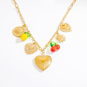 Collier avec pendentif en forme de cœur, plaqué or 18 carats, en acier inoxydable, pour femme, bijoux cadeau avec breloques soleil, cerise, citron - Product Image 5