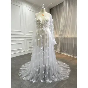 Venta al por mayor marfil tul 3D mariposa flor encaje perlas con cuentas vestidos de noche personalizado nupcial boda bata Sexy pijama para mujer conjunto