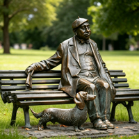 Statue de groupe personnalisable en bronze coulé, style réaliste grandeur nature, pour décoration de parc et de jardin, représentant un vieil homme avec un chien