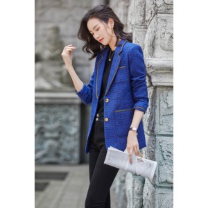 MIER XW365 Giacca Casual Antirughe in Poliestere Design a Blocchi Cuciture Dorate <span class=keywords><strong>Blazer</strong></span> Elegante da Donna a Maniche Lunghe con Bottoni - Product Image 4