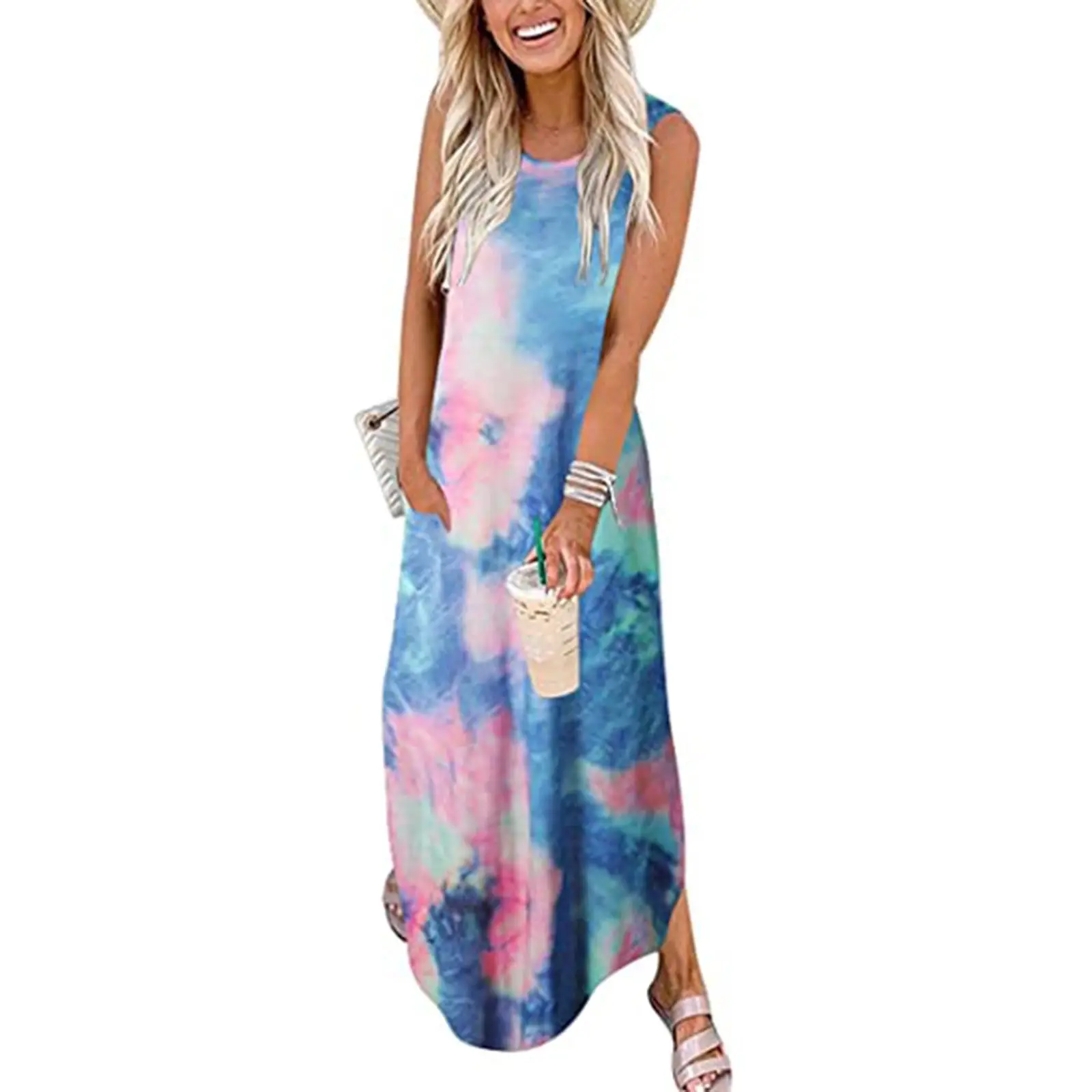 Vestido de verão casual feminino solto, vestido longo sem mangas, vestido maxi de praia de verão com bolsos