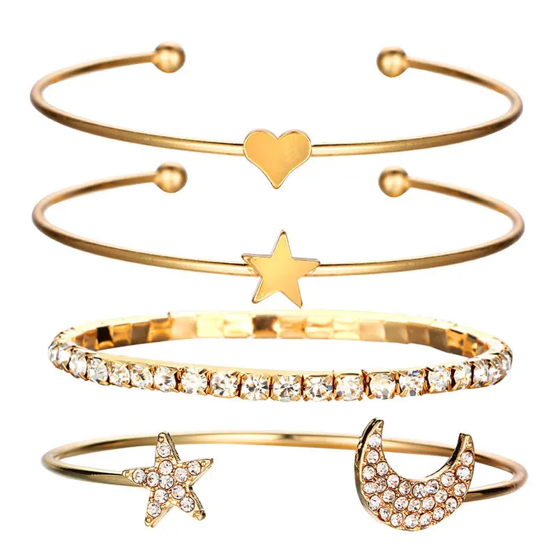 00015-4 Japanese and Korean simple fashion star moon inlaid diamond smooth peach heart five pointed star four piece bracelet