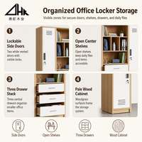 Armoire de bureau avec portes latérales verrouillables, étagères ouvertes, trois tiroirs et compartiments ventilés pour usage domestique ou professionnel