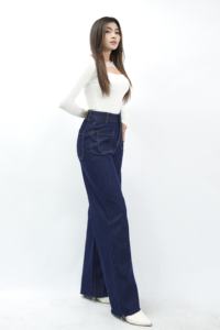 กางเกงยีนส์ขาตรงเอวสูงสีน้ำเงินเข้มแฟชั่น8814ง่ายๆสำหรับทุกโอกาส-ความสบายเก๋ไก๋และความอเนกประสงค์สำหรับฤดูร้อนหรือฤดูหนาว - Product Image 2