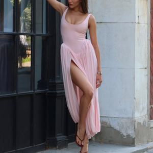 เดรสยาวทรงเข้ารูปผ้าคอตตอนป๊อปลินยืดได้ สีพื้นเรียบง่าย สายเดี่ยว ดีไซน์ผ่าข้าง คุณภาพสูง สินค้ามาใหม่ - Product Image 1