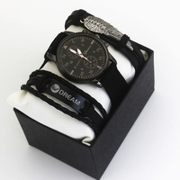Jam Tangan Quartz Pria Gaya Sederhana Tali Kulit Set Jam Tangan dan Gelang Pria Pembelian Grosir