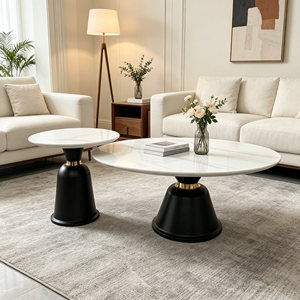 Ensemble de tables basses gigognes rondes modernes avec plateau en marbre, design minimaliste pour salon, base blanche - Product Image 5