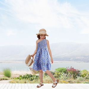 Estate nuova spalla singola blu chiaro casual vacanza floreale vestito madre e figlia vestiti gonna lunga genitore-figlio