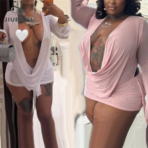 Gaun Bodycon Mini tembus pandang jala seksi gaun panjang wanita kerah V dalam tidak beraturan - Product Image 2