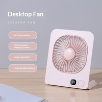 Ventilateur de bureau avec écran LCD HD, 3 vitesses, support réglable, fixation murale et ventouse, 3-en-1, rechargeable USB, vente en gros OEM, 3 couleurs