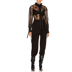 2020 Sexy Pura Del Merletto <span class=keywords><strong>Nero</strong></span> A Maniche Lunghe Con Coulisse Collare <span class=keywords><strong>Camicetta</strong></span> Top Delle Donne - Product Image 5