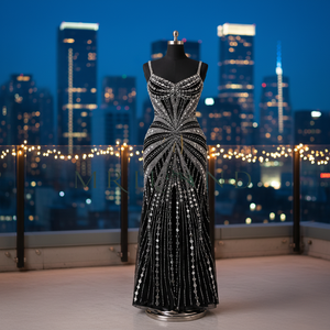 Robe longue en soie de luxe pour femmes avec embellissements en strass noirs, élégante robe de soirée à bretelles spaghetti - Product Image 1