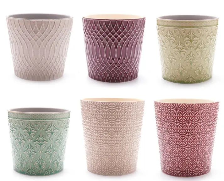 Macetas de cerámica redondas para flores, diseño moderno personalizado, con patrones geométricos en relieve de Color sólido, maceta de cerámica con agujero de drenaje