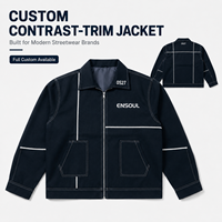 Fabricant OEM de vêtements streetwear, veste de travail personnalisée avec surpiqûres contrastées, fermeture éclair, col rabattu, en sergé de coton épais pour homme