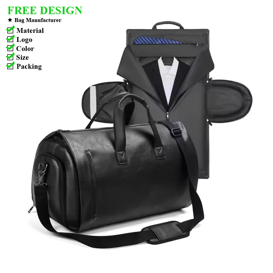 Factory Wholesale Black PU Leather Luggage Travel Bag Business Suit Bag Men Garment Duffle Bags for Travel