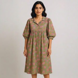Bohemian Mustard Floral Block Print Cotton Midi <b>Dress</b> With Puff Sleeve <b>Loose</b> Fit Turn Down Neck Summer <b>Dress</b> For Women - Product Image 1