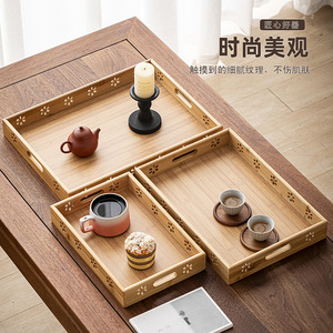 Juego de tres bandejas rectangulares con asas, diseño de flor de ciruelo, bandeja tallada para el hogar, bandeja rectangular para té y aperitivos de hotel, para frutas - Product Image 5