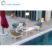 Conjunto de Sofá de Cuerda Sintética para Jardín, Patio o Terraza, Estilo Moderno de Mediados de Siglo, Cuatro Plazas, Mesa de Centro, Personalizable, para Exteriores