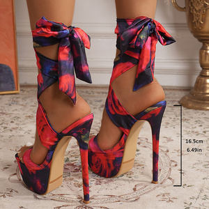 Chaussures à talons hauts pour femmes, plateforme tie-dye, talons aiguilles mixtes, bout carré, chaussures d'été, lacets croisés à la <span class=keywords><strong>cheville</strong></span>, escarpins habillés - Product Image 3