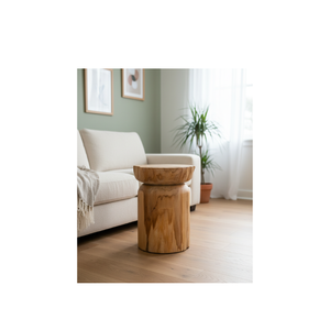 Este banco cilíndrico rústico de teca natural combina la artesanía hecha a mano con la elegancia del madera maciza. - Product Image 3