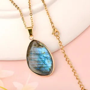 Top Quality Labradorite Irregular Necklace 18k Gold Chain Blue Flash Labradorite Irregular Pendant For Women