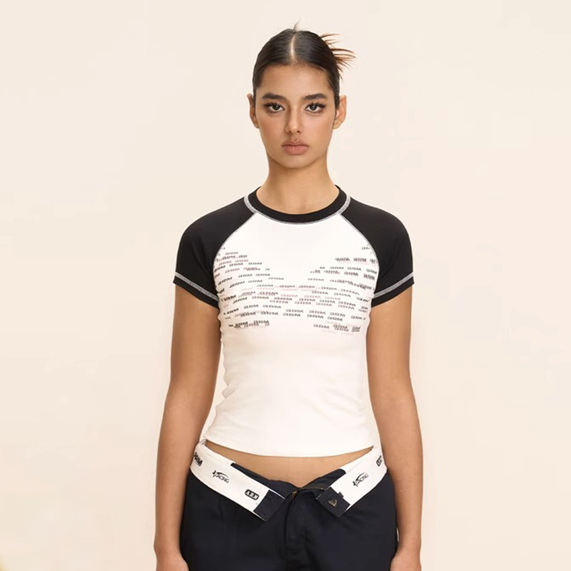 Ringer Cropped Tee Shirt With Contrast Stitching Round Neck Sports T Shirt Womens Breathable Yoga Crop Top