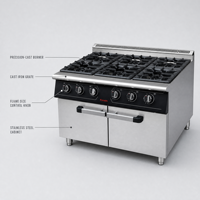 Cuisinière à gaz commerciale JUSTA à 6 brûleurs avec protection contre l'extinction de la flamme et armoire de rangement, cuisinière à gaz en acier inoxydable pour restaurant