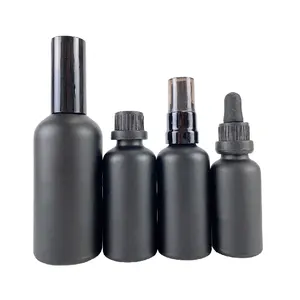 30ml 50ml 100ml fosco vidro preto óleo líquido conta-gotas cap garrafa com pulverizador bomba de creme