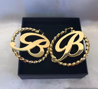 Pendientes de Aro de Acero Inoxidable con Letras Geométricas Personalizadas de la A a la Z para Mujer, Aros de Bambú Modernos, Regalo para Fiesta