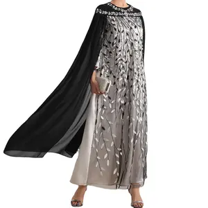 Mới màu đen và trắng lá lưới thêu thời trang áo choàng hai mảnh váy Dubai Crew Neck abaya thiết kế trong saudi arabia mượt