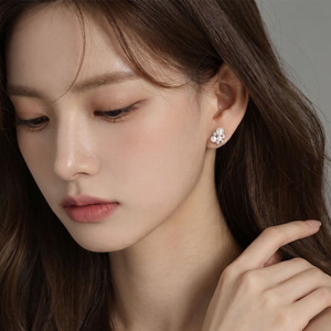 Freshwater <b>Pearl</b> Stud <b>Earrings</b> With Round Brilliant Cut <b>Diamonds</b> 925 Silver Flower Design Classic Women's Wedding Jewelry - Product Image 6