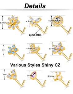 Piercing de Nariz de Acero Inoxidable Chapado en Oro de 20G, con Diseño de Mariposa en Forma de L, Brillante, con Circonitas, Copo de Nieve y Flor, Joyería para Piercing Corporal - Product Image 2