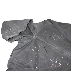 Unisex Gray Hooded Fleece Sweatshirt With Rhinestone <b>Star</b> Print Regular Fit Winter Casual Wear - Product Image 6