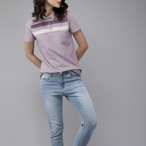 Women's Casual Striped <b>Polo</b> <b>Shirt</b> Short Sleeve Light <b>Purple</b> Polyester / Cotton Regular Length Color Blocked Design - Product Image 1