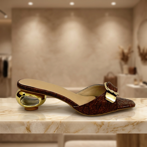 Sandalias Elegantes de Tacón Medio con Hebilla Dorada y Punta Cuadrada, de Piel Sintética Grabada Marrón, Estilo Slip-On para Todas las Estaciones, Zapatos de Mujer - Product Image 6