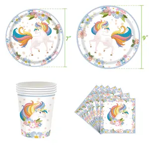 New Flower Rainbow Horse Cute Pony Theme Party Four Piece Tableware Set Picnic Party Birthday Paper Plate Paper Cup