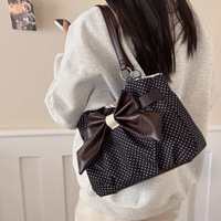 Nouvelle Collection Printemps 2026 – Sac à Bandoulière Rétro à Pois Grande Capacité en Polyester avec Deux Bretelles et Nœud, Polyvalent pour le Quotidien, Porté Épaule ou Sous le Bras
