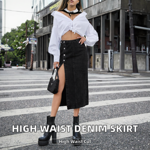 Jupe midi en jean taille haute pour femme avec boutons sur le devant et fente latérale, couleur unie, style décontracté d'été - Product Image 2