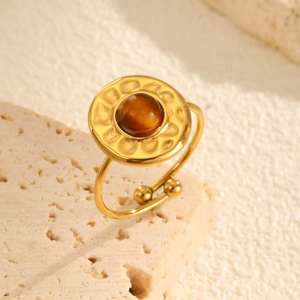 Bague ouverte ronde en acier inoxydable pour femmes Malachite Vintage Inspired Gold Fashion Jewelry - Product Image 2