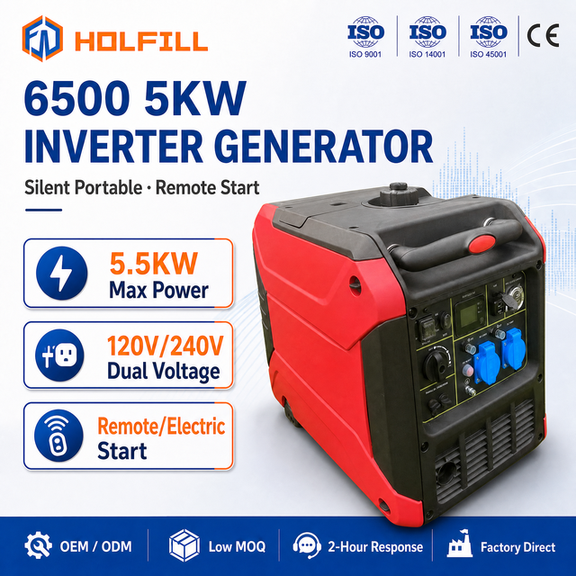 HOLFILL Mobile Power Remote Start 5.5KW Gasoline Inverter Generator 6500 120V 240V 50HZ Wheeled 3600rpm Silent 4-Stroke Home