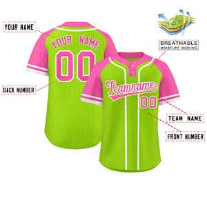 Camiseta de Softbol Personalizada con Rayas Verde Neón, Rosa y Blancas, Mangas Raglán, Dos Botones, Auténtica - Product Image 2