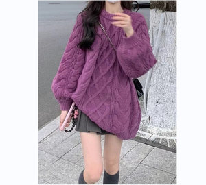 <span class=keywords><strong>HAYU</strong></span> 2024 nuevo suéter de punto retorcido de cuello redondo para mujer de otoño e invierno, ropa exterior púrpura, Tops de viento perezosos para mujer - Product Image 1