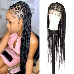 Neue geflochtene synthetische Voll spitzen perücke für schwarze Frauen 36 Zoll Flechthaar Knoten lose Box Braids Perücken