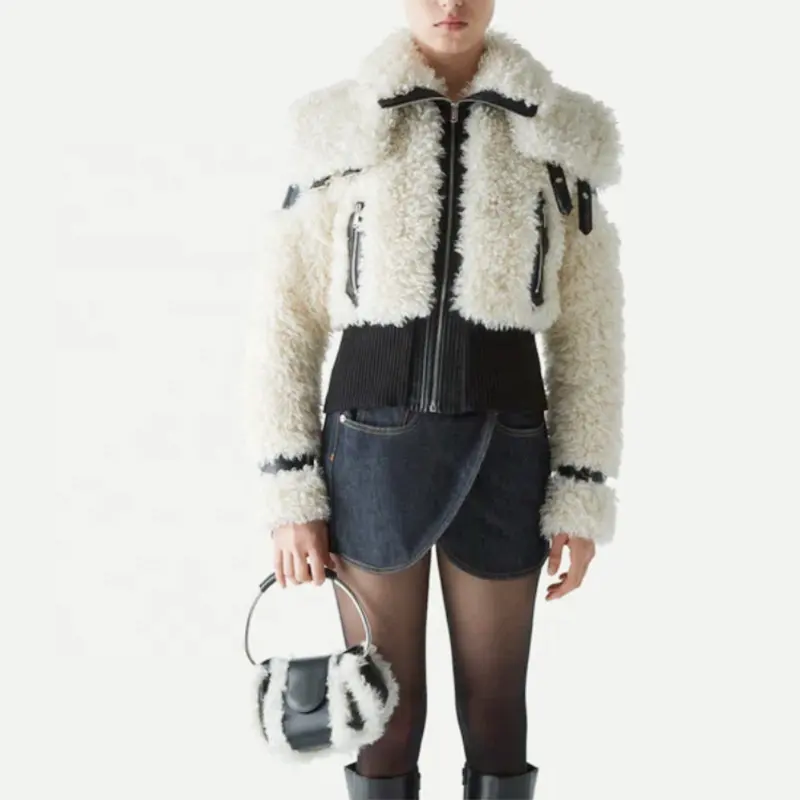 OUDINA Fashion New Niche Design Mäntel für Damen Short Spliced PU Lamm Leder Wolle Jacke Frau