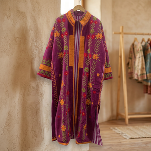 Veste Kimono Longue en Velours Violet Brodé Suzani Fait Main Indien, Motif Floral Orange et Vert Vintage, Vente en Gros - Product Image 6