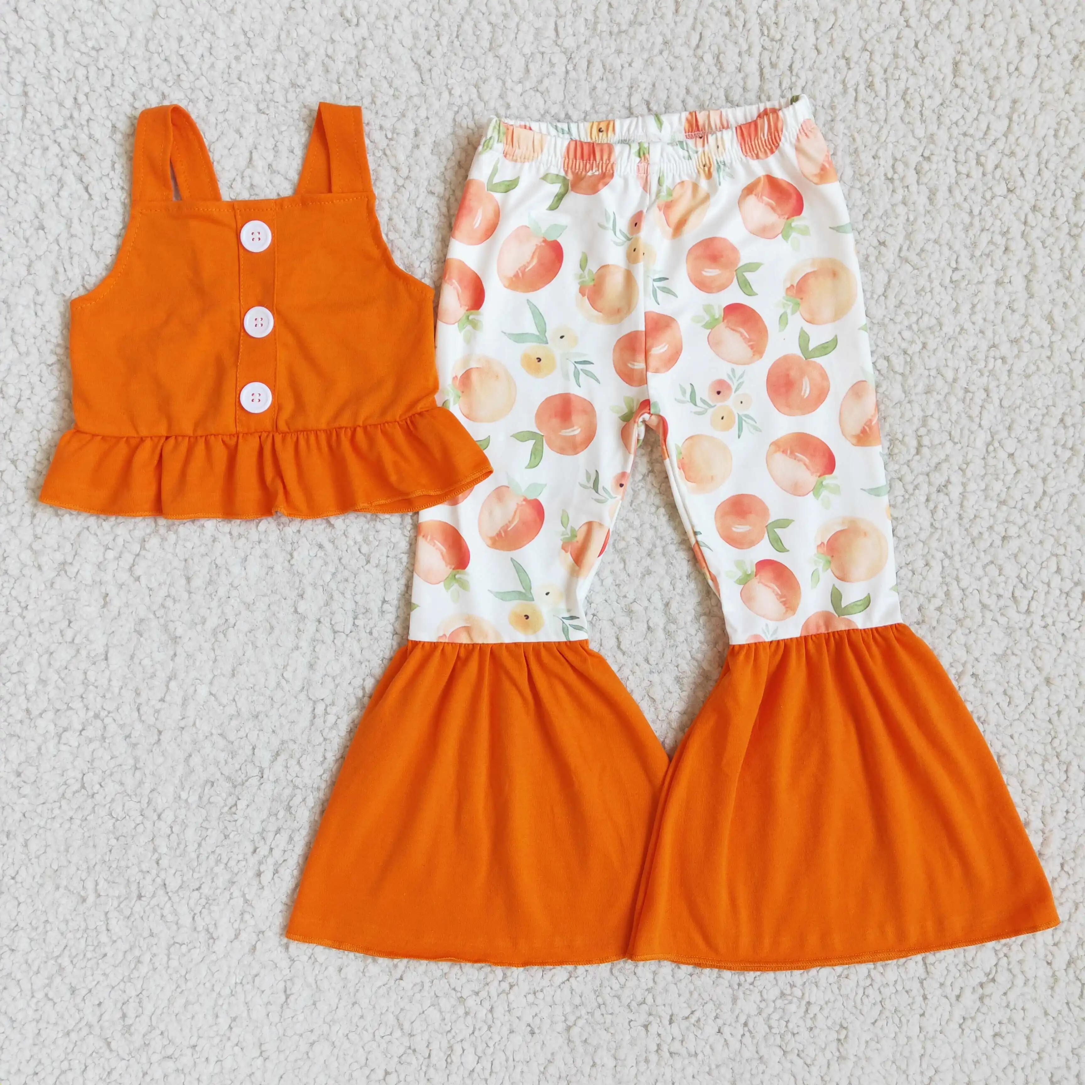 เสื้อกั๊กสีส้มปิดสะดือสายคล้องไหล่,กางเกงก้นระฆังพิมพ์ลายผลไม้ชุดเสื้อผ้าเด็กสำหรับฤดูร้อนเสื้อผ้าเด็กผู้หญิง