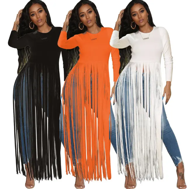 Spring And Summer Women's Pure Color Sexy Tassel Long-sleeved Top Nightclub Clothing
